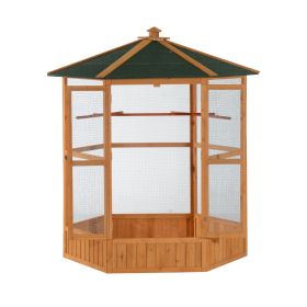 69" Large Wooden Bird Aviary Hexagonal Outdoor Aviary Flight Bird Cage With Covered Roof, Brown