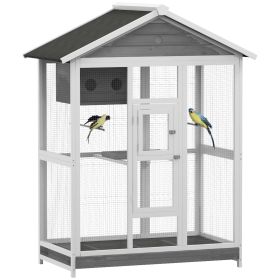 64.5" Wooden Bird Cage Bird Aviary, Flight Cage with 4 Perches, Nest and Slide-Out Tray for Indoor/Outdoor, Gray