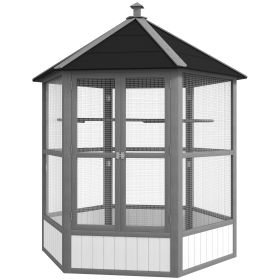 69" Outdoor Wooden Hexagonal Aviary, Flight Bird Cage, Covered Roof, Weather-Resistant, Light Gray
