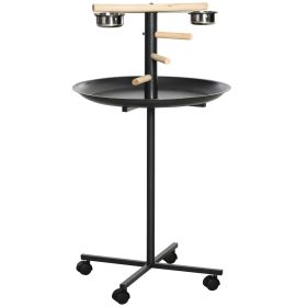 Bird Feeder Stand Portable Parrot Perch Play Stand with Wheels Stainless Steel Bowls Round Tray Grey