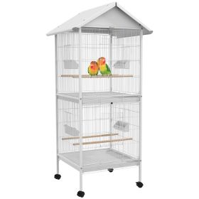 Wrought Metal Bird Cage Feeder 67" H with Rolling Stand Perches Food Containers Doors Wheels White
