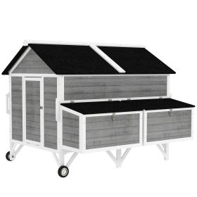 59" Wooden Chicken Coop w/ Wheels, Handles, 2 Nesting Boxes, 2 Trays, 4 Perches, Chicken Tractor for 4-6 Chickens, Gray