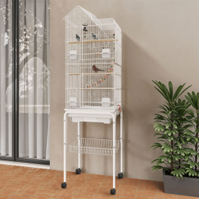 62" Rolling Metal Birdcage with Rolling Stand and Castor Wheels, Large Parrot Cage with 3 Perches and 4 Feeders, Slide-Out Tray