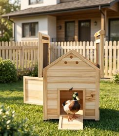 Wooden duck house with openable roof and double doors, made of natural wood