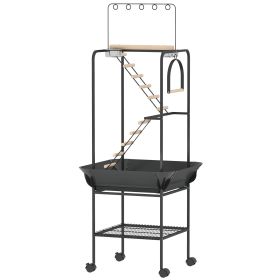 64"H Rolling Bird Playground Parrot Stand with Seed Guard & Wheels, Ladders, Swing, Toy Hook & Bowls