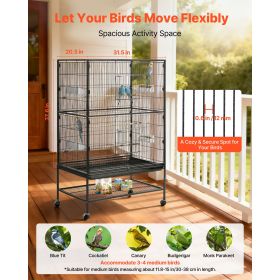 Bird Cage, 31.5 x 20.5 x 52 inch, Flat Top, Wrought Iron Bird Flight Cage with Perches, Slide-Out Tray and Plastic Feeders, Casters, for Parrot