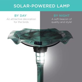 Outdoor Solar Lighted Pedestal Bird Bath Fountain Decoration w/Planter, Integrated Panel, Scroll Accents for Lawn, Garden - Green