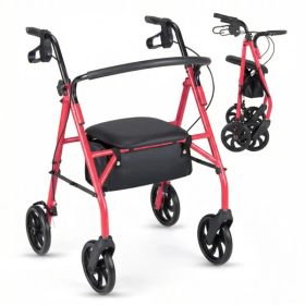 2-in-1 Rollator Walker With Seat (Red), 8-Inch Large Wheels & Versatile Braking System, Adjustable Height (Option: defaulttitle)