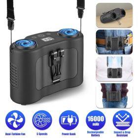 16000mAh 4 In 1 Dual-Turbine Waist Clip Fan Wearable Personal Fan Hands-Free With 5 Speeds LCD Display Lanyard Double As Power Bank For Jobsites (Option: Black)