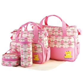 5PCS Baby Nappy Diaper Bags Set Mummy Diaper Shoulder Bags W/ Nappy Changing Pad Insulated Pockets Travel Tote Bags (Option: PINK)