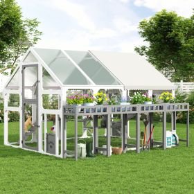 Large Outdoor Cat House with Planter Stand, Wooden Cat Enclosure with Resting Boxes for Multiple Kittens, Hanging Bridge, Platforms (Color: Grey,White)