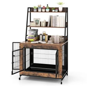 Industrial Dog Kennel Dog Crate Furniture with Storage Shelves (Color: Rustic Brown)