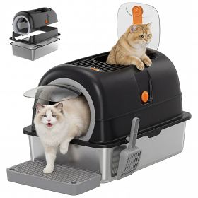 Double-entry convertible lid cat litter box (Color: Black)