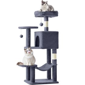 44 inch Cat Tree Tower, Multi-Cat Climbing Tower with, Natural Sisal Scratching Posts, Extended Platform, Hammock (Color: Deep Grey)
